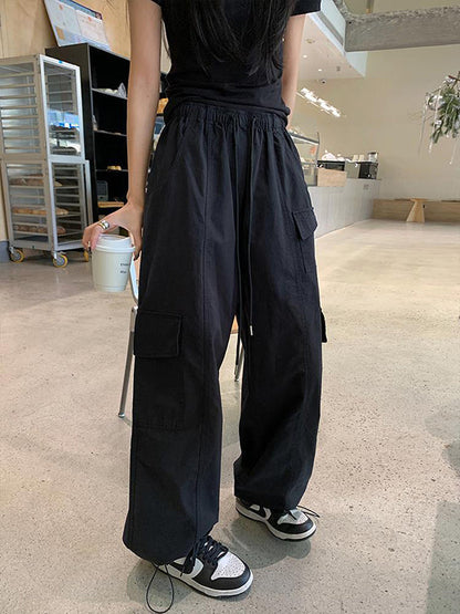 High Waisted Loose Drawstring Elasticity Pockets Solid Color Split-Joint Pants Trousers
