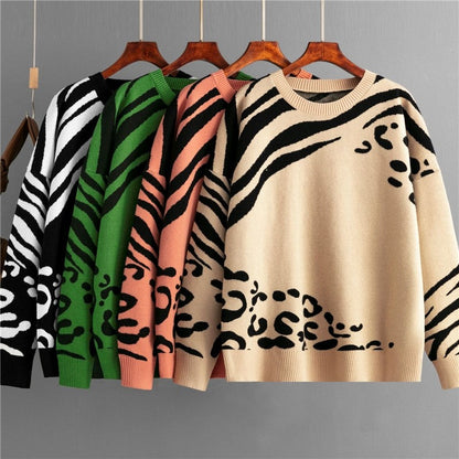 Leopard Print Long Sleeve Crew Neck Loose Sweater