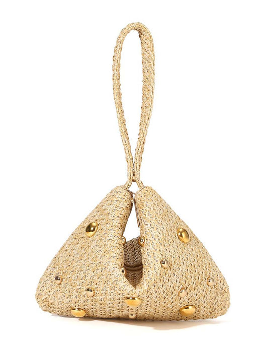 Trendy Rivet Bead Straw Evening Clutch Handbag