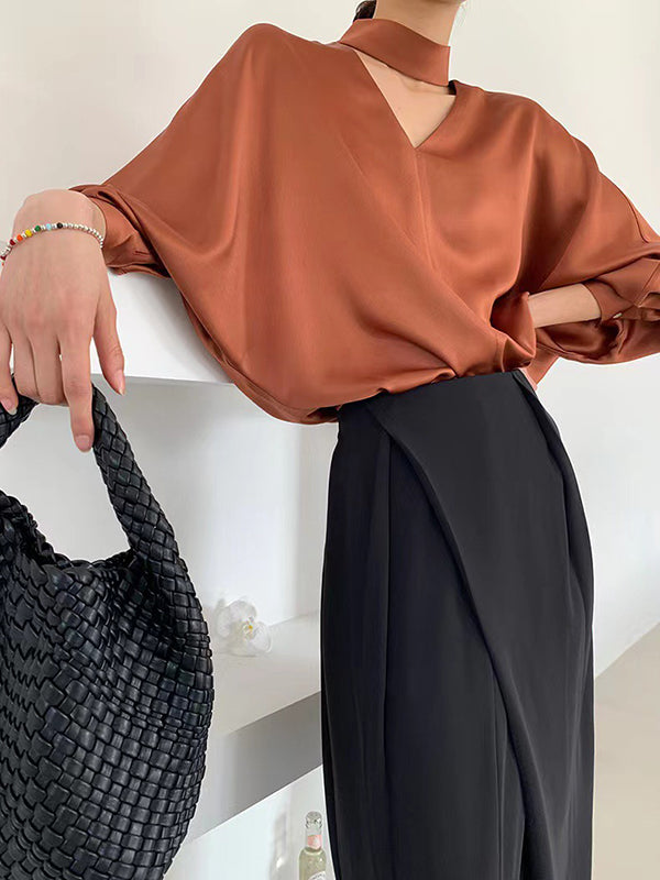 Wrap Hollow Solid Color V-Neck Blouses&Shirts Tops