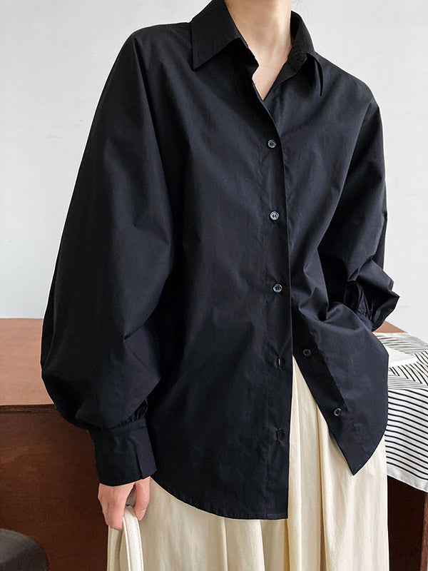 Long Sleeves Loose Buttoned Pleated Solid Color Lapel Blouses&Shirts Tops