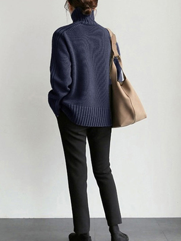 Loose Long Sleeves Solid Color High-Neck Sweater Tops