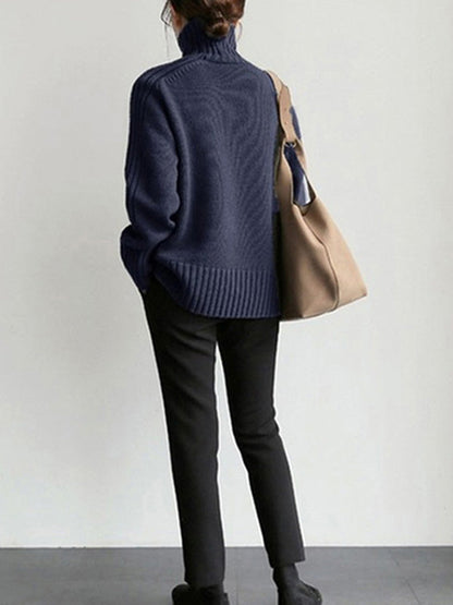 Loose Long Sleeves Solid Color High-Neck Sweater Tops