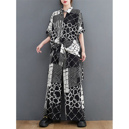 Original Loose Contrast Color Plaid Polka-Dot Blouse&Wide Legs Pants Two Pieces Set