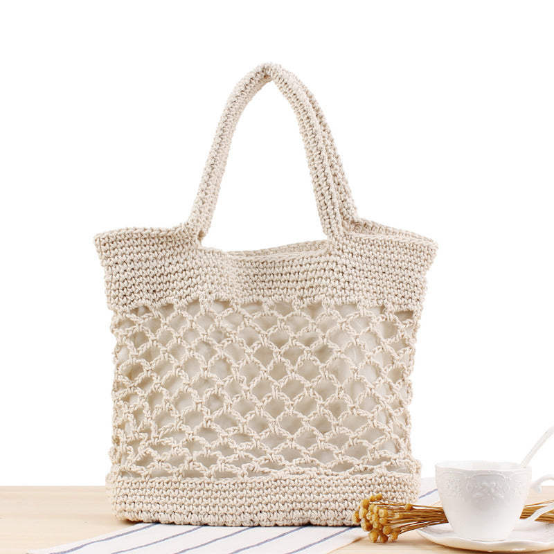 Crochet Market Bag Solid Color Cotton Woven Bag