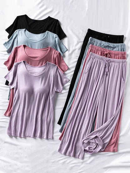 Solid Color Short Sleeve T-Shirts&Cropped Pants Pajamas Sets