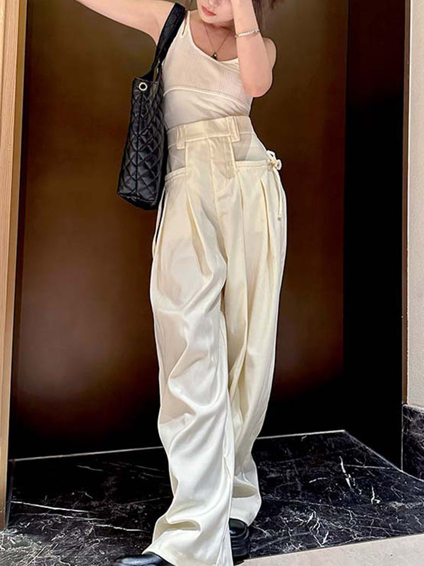 Loose Wide Leg Drawstring Pleated Solid Color Pants Trousers