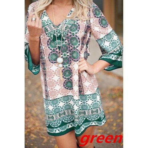 Causal Long Sleeve V Neck Plus Size Printed Mini Dress