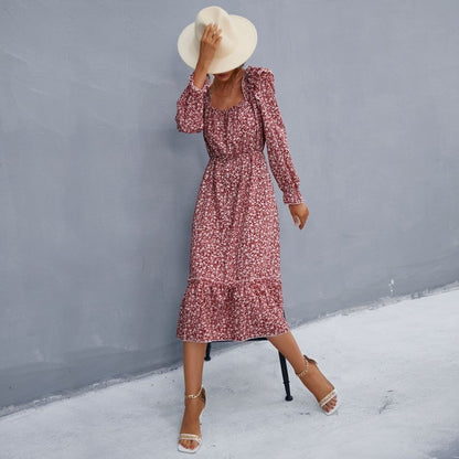 Petal Sleeve Floral Waist Square Neck Dress