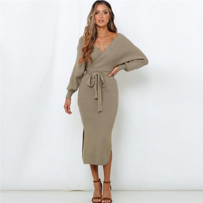 Knitted Slim Fit Lace Up V-Neck Balloon Sleeve Dress
