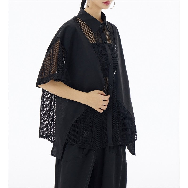 Sheer Mesh Polo Collar Short Sleeve Shirt  Loose Fit, Slimming Effect, Stylish & Versatile Top For Women