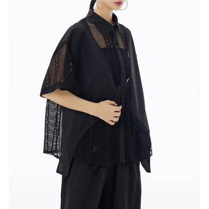 Sheer Mesh Polo Collar Short Sleeve Shirt  Loose Fit, Slimming Effect, Stylish & Versatile Top For Women