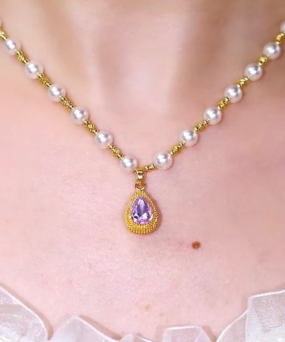 Beautiful Purple Sterling Silver Overgild Pearl Water Drop Pendant Necklace