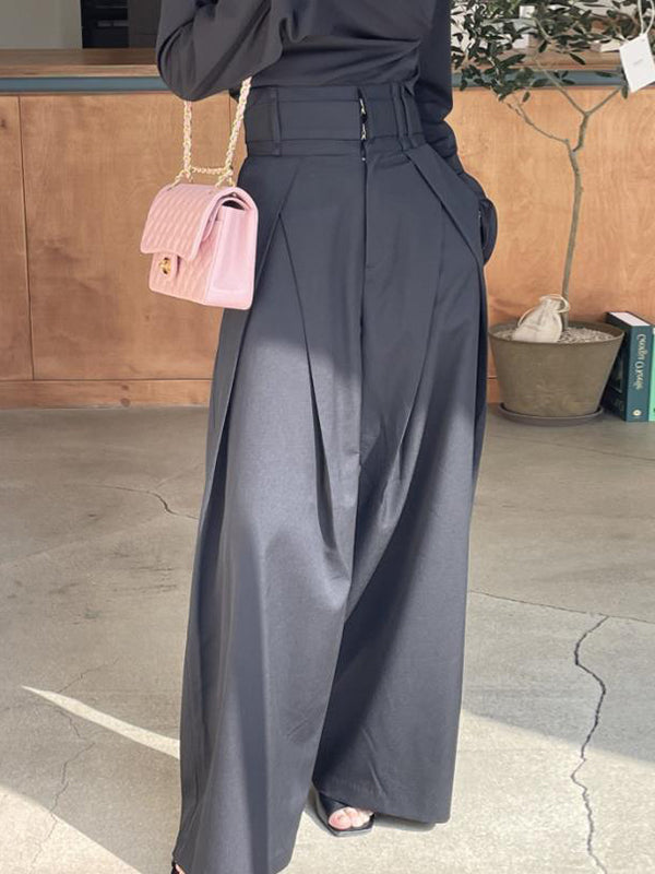 Wide Leg Pockets Solid Color Zipper Casual Pants Bottoms