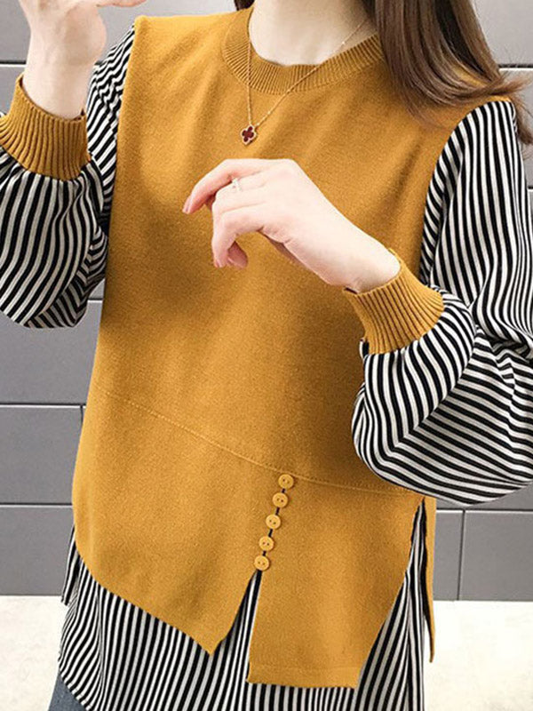 Original Loose Split-Joint 5 Colors Striped Round-Neck Long Sleeves False Two Sweater Top