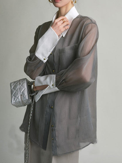 Retro Loose Contrast Collar Buttoned Blouses