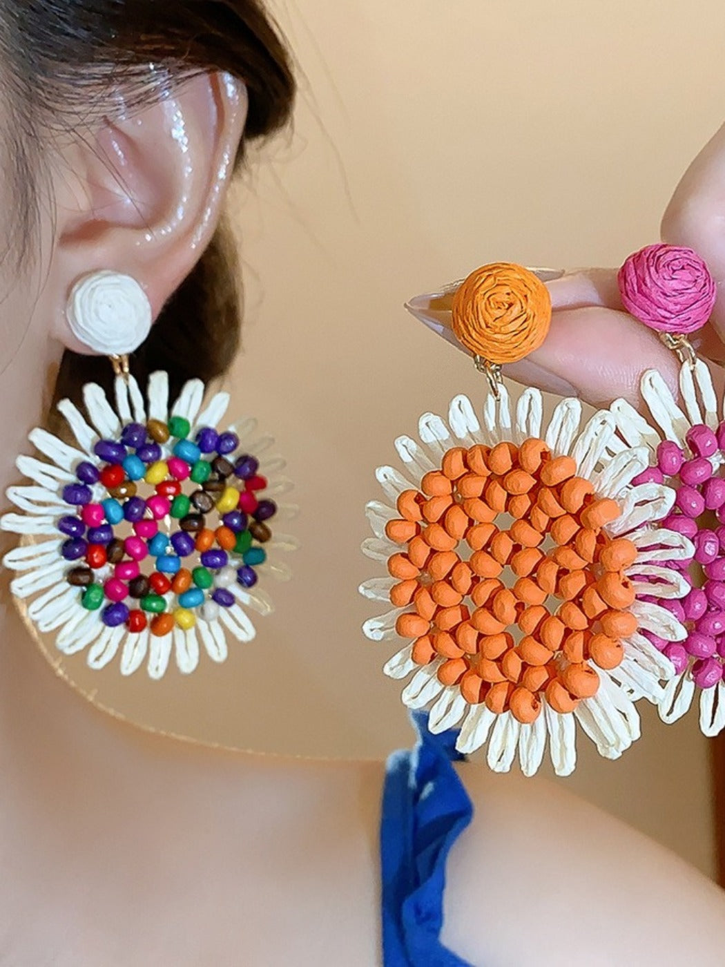 Earwish - Raffia Beaded Sunflower Earrings – Boho &amp; Cheerful