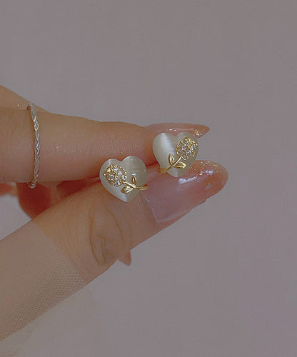 Fine Gold Copper Alloy Love Floral Cat Eye Ston Stud Earrings
