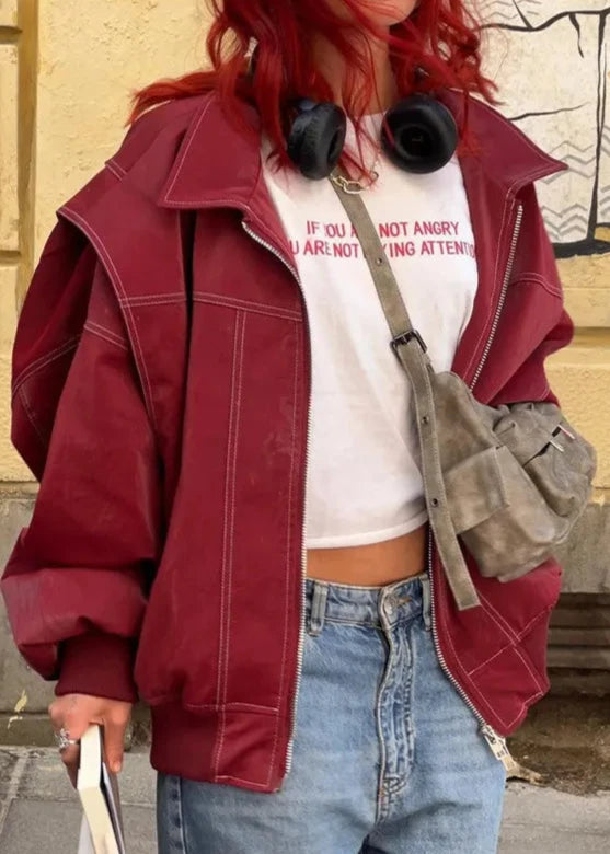 Oversized Zipper Jacket In Wine Red With White Stitching