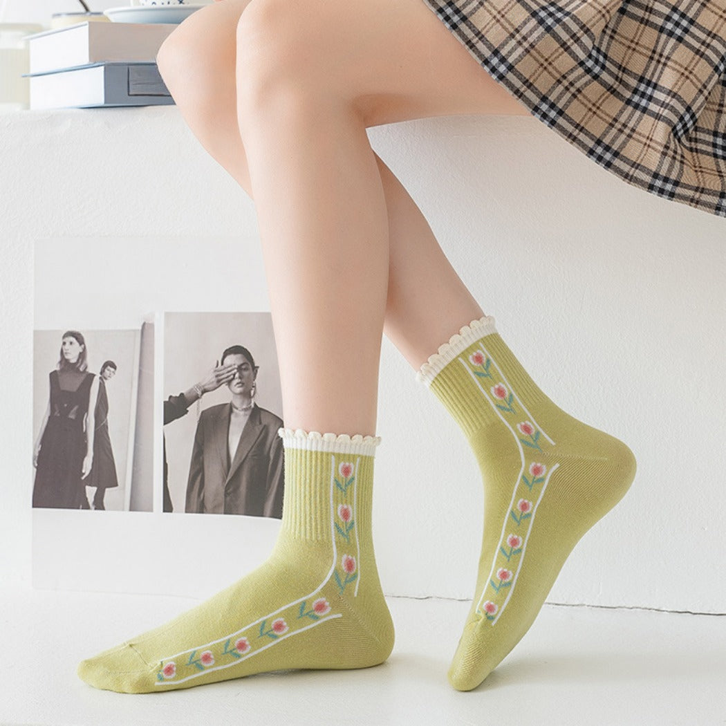Rufia - Women's Floral Tulip Mid-Calf Socks - Green / White
