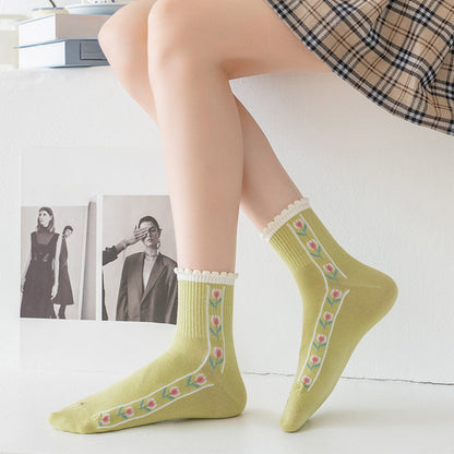 Rufia - Women's Floral Tulip Mid-Calf Socks - Green / White