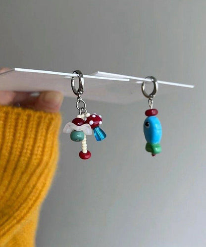 DIY Stainless Steel Asymmetrical Little Fish And Mushroom Drop Earrings