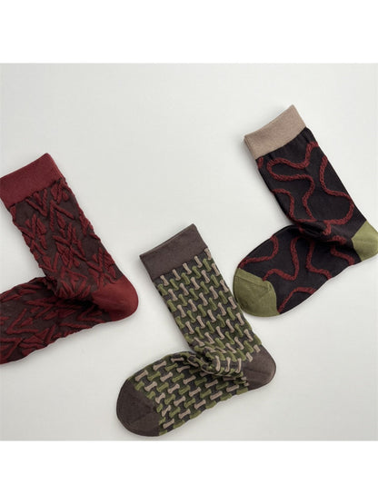 Rufia - Geometric Pattern Color-Block Mid-Crew Socks