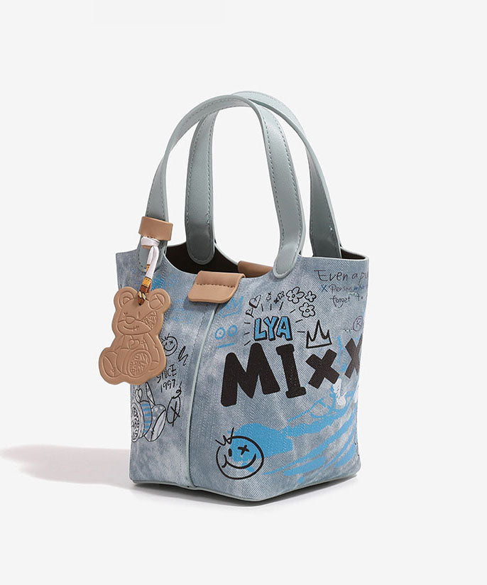 Fashion Blue Print Patchwork Denim Bucket Bag
