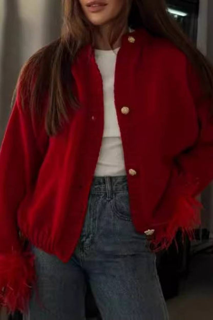 Cropped knitted cardigan with feather cuffs