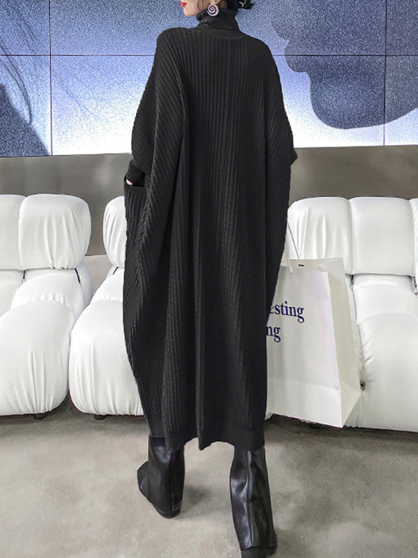 Batwing Sleeves High-Low Pockets Solid Color Split-Joint High-Neck Midi Dresses Sweater