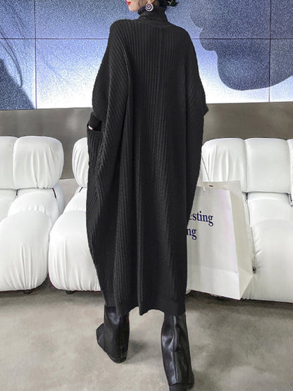 Batwing Sleeves High-Low Pockets Solid Color Split-Joint High-Neck Midi Dresses Sweater