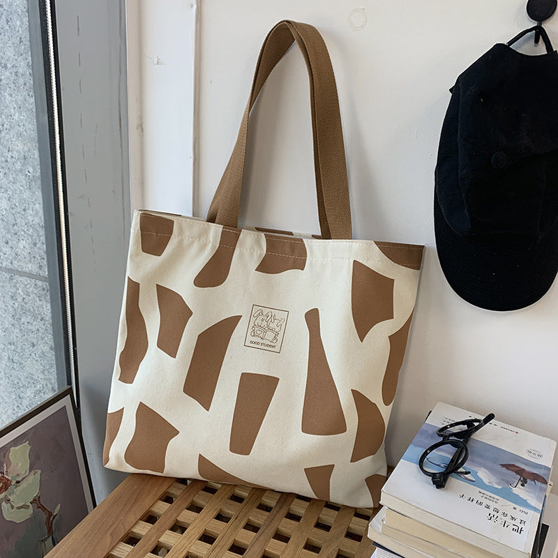Zippered Canvas Handbag With Artistic Design