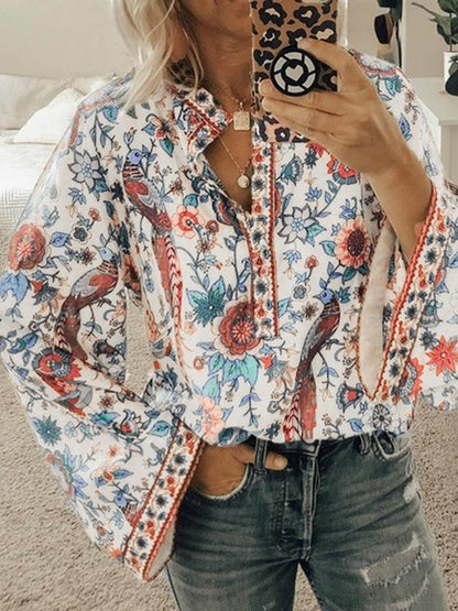 Women'S Loose Long Sleeve Printed Stand Up Collar Single Breasted Shirt