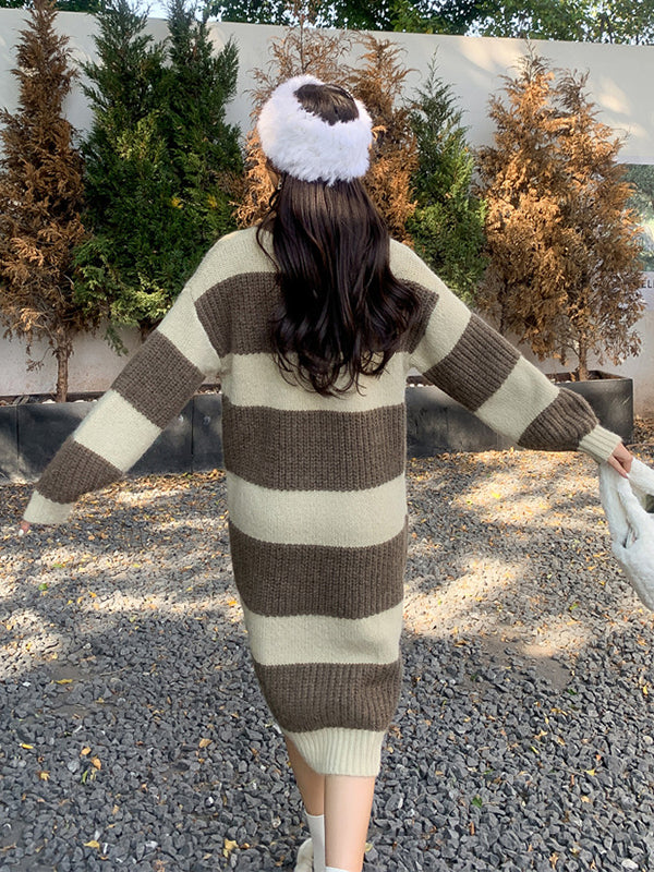Stylish Loose Striped V-Neck Sweater Dresses