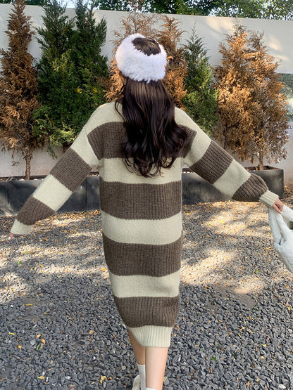Stylish Loose Striped V-Neck Sweater Dresses