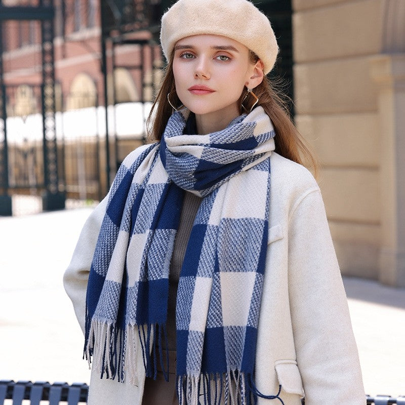 Color Block Plaid Fringe Scarf