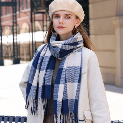 Color Block Plaid Fringe Scarf