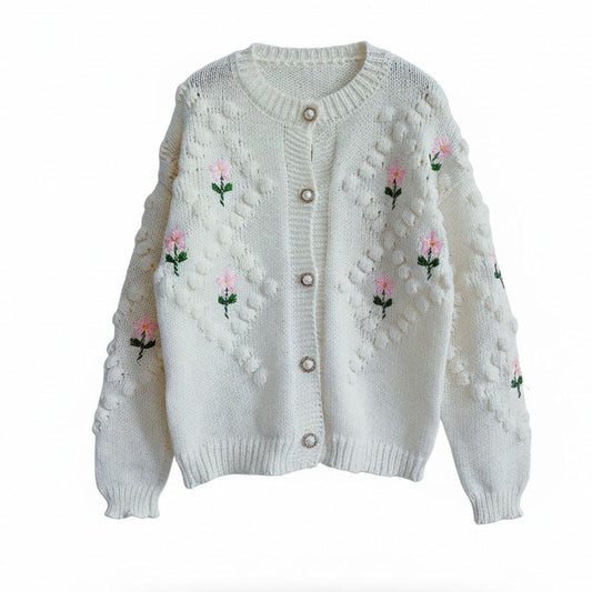 Floral Embroidery Crochet Pearl Button Knit Cardigan