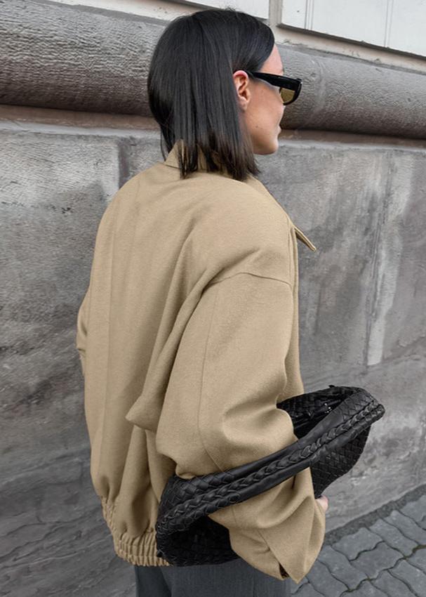 Woolen Lapel Coat Loose Fit Beige Style