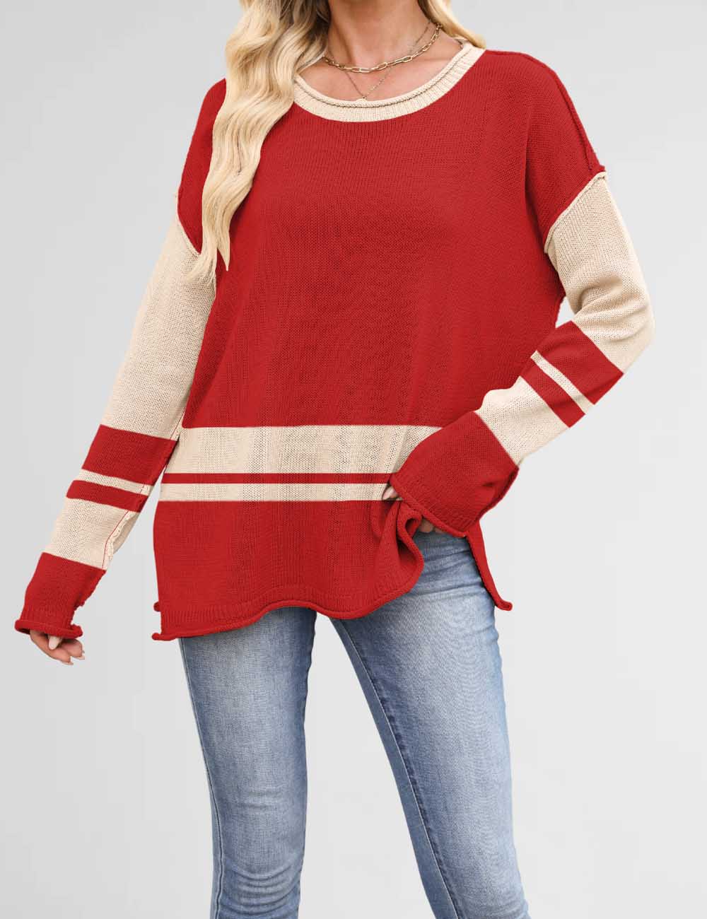 Color Block Round Neck Loose Sweater