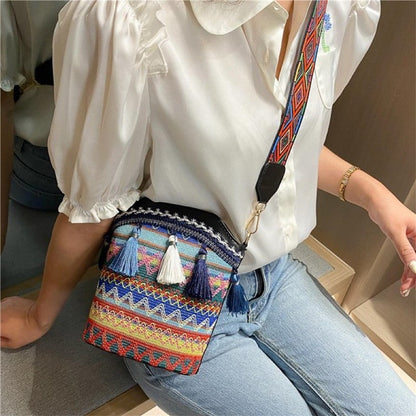 Print Soft Tasseled Multicolored One Shoulder Bag