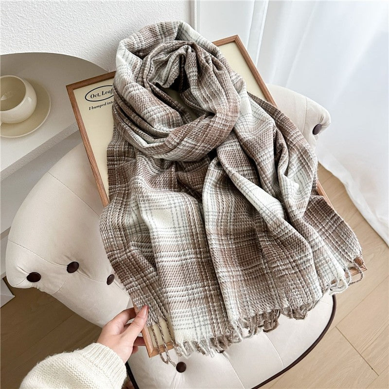 Color Block Plaid Fringe Scarf