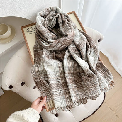 Color Block Plaid Fringe Scarf