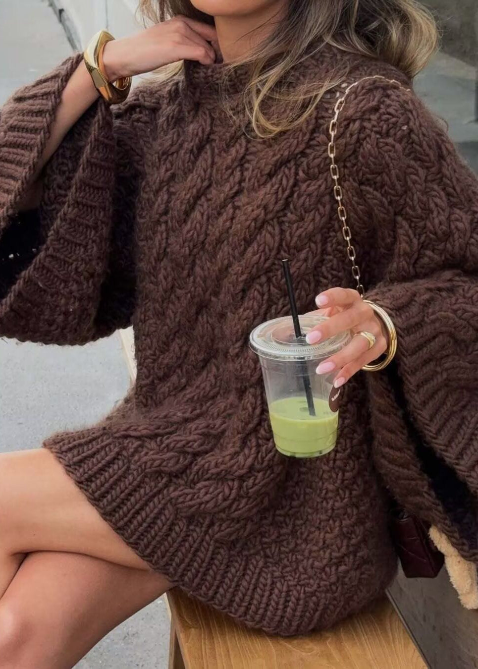 Chunky Cable Knit Sweater In Chocolate Brown