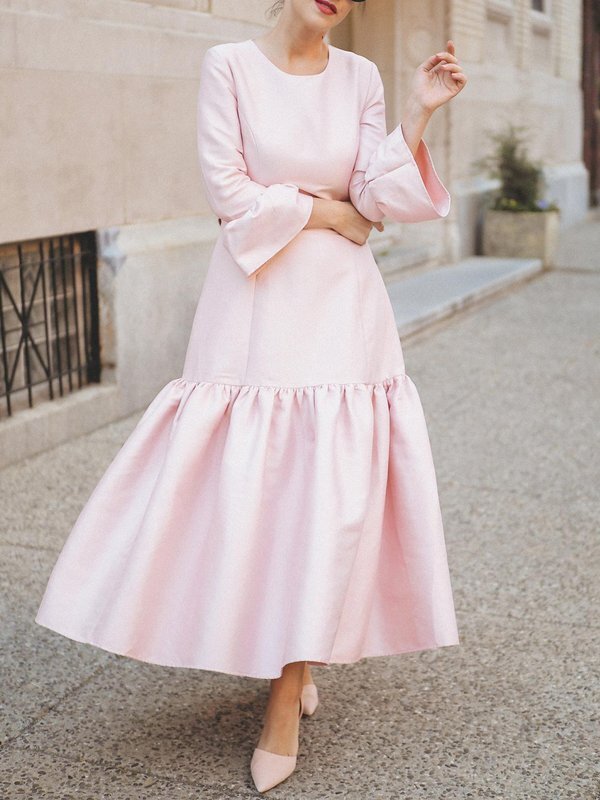 A-Line Long Sleeves Pleated Solid Color Split-Joint Tied Waist Round-Neck Maxi Dresses