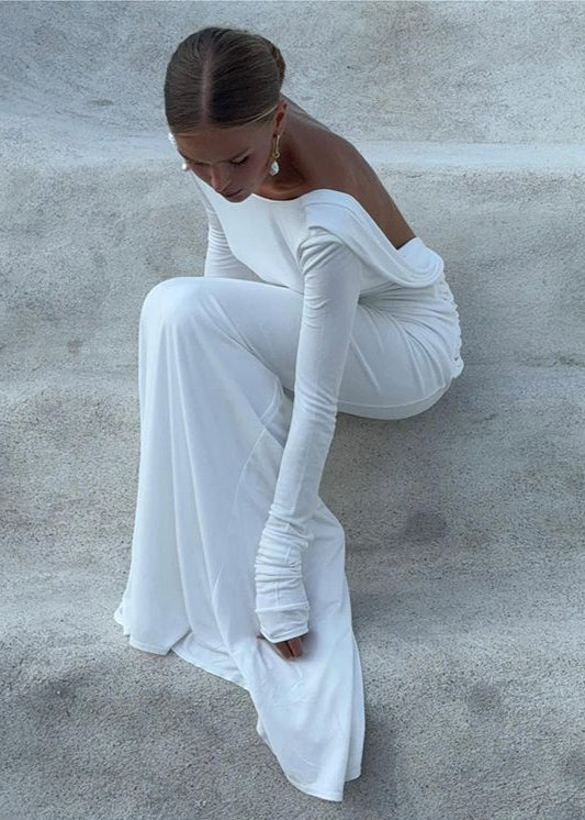 Backless Long Sleeve Maxi Dress In Silky Polyester