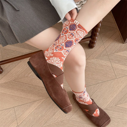 Rufia - Vintage Court Style Embossed Floral Mid-Calf Socks