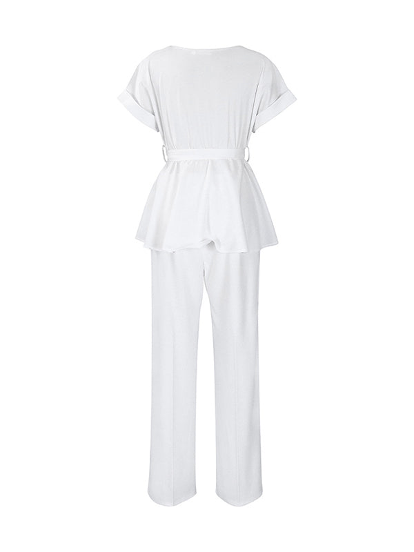 Solid Color Short Sleeves Tied Waist Round-Neck Shirts Top + High Waisted Pants Bottom Two Pieces Set
