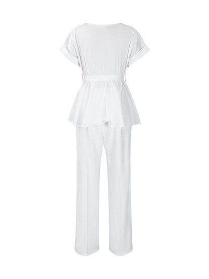 Solid Color Short Sleeves Tied Waist Round-Neck Shirts Top + High Waisted Pants Bottom Two Pieces Set