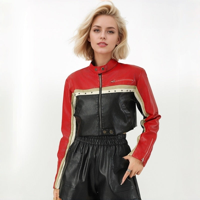 Color Block Crop Biker Jacket